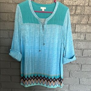 J. Jill Green and Blue Cuffed Sleeve Tunic with Relaxed Style